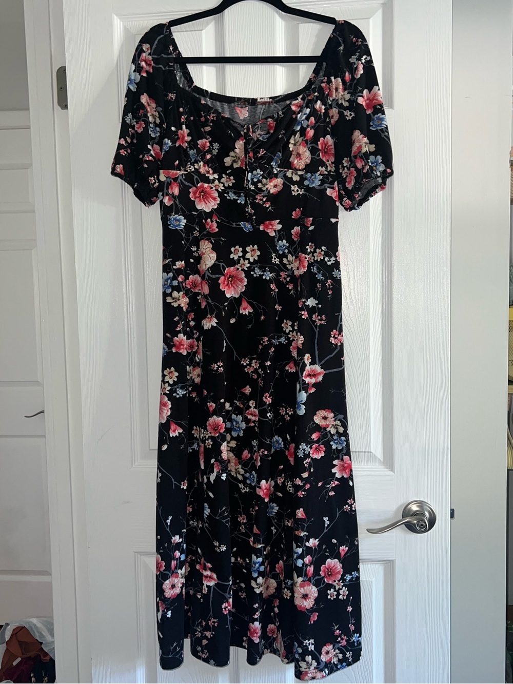 Floral Square Neck Midi Dress - Black with Pink Floral